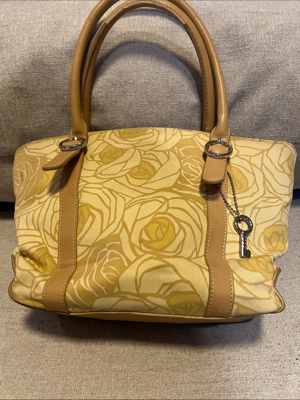 Fossil Yellow Rose-Print Tote with Tan Trim and Key Charm